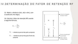 I V. D E T E R M I N A Ç Ã O D O F AT O R D E R E T E N Ç Ã O R F
15- Medir a distância (ds1, ds2 e dm), com
o auxílio de uma régua;
16- Calcular o fator de retenção (Rf) usando
a seguinte fórmula.
= distância percorrida pelo composto
= distância percorrida pela frente do
solvente
 