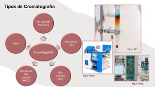 Cromatografia
Em camada
fina (TLC)
Em coluna
(CC)
Gás-
Líquido
(GC)
Líquida de
alta
pressão
(HPLC)
Flash
Tipos de Cromatografia
Fig.5- HPLC
Fig.3- CC
Fig.4- Flash
 