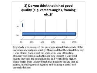 Everybody who answered the questions agreed that aspects of the
documentary had good quality. Many said that they liked they way
it was filmed, framed and the shots were very interesting.
However one person said although they thought it was good
quality they said the sound jumped and went a little higher.
I have learnt from this feed back that I need to ensure that all
editing including sound, lighting and framing is carful and
properly defined.
 