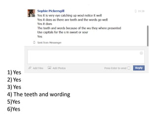 1) Yes
2) Yes
3) Yes
4) The teeth and wording
5)Yes
6)Yes
 