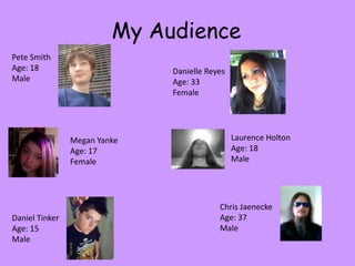 My AudiencePete SmithAge: 18MaleDanielle ReyesAge: 33FemaleLaurence HoltonAge: 18MaleMegan YankeAge: 17FemaleChris JaeneckeAge: 37MaleDaniel TinkerAge: 15Male