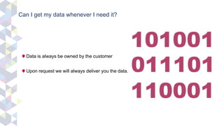 Can I get my data whenever I need it?
Data is always be owned by the customer
Upon request we will always deliver you the data.
 