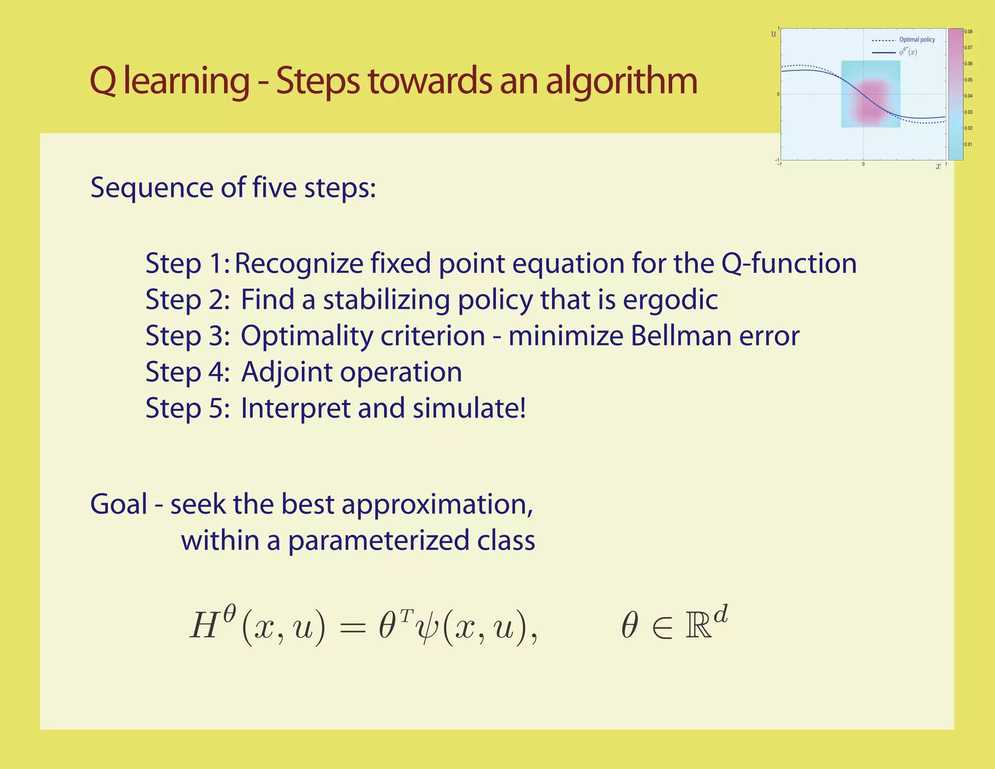 1
                                                                                         0.08
                                                                    Optimal policy
                                                                                         0.07


                                                                                         0.06




Q learning - Steps towards an algorithm                0
                                                                                         0.05


                                                                                         0.04


                                                                                         0.03


                                                                                         0.02


                                                                                         0.01


                                                      −1
                                                       −1       0                    1




Sequence of five steps:

    Step 1: Recognize fixed point equation for the Q-function
    Step 2: Find a stabilizing policy that is ergodic
    Step 3: Optimality criterion - minimize Bellman error
    Step 4: Adjoint operation
    Step 5: Interpret and simulate!


Goal - seek the best approximation,
        within a parameterized class
 
