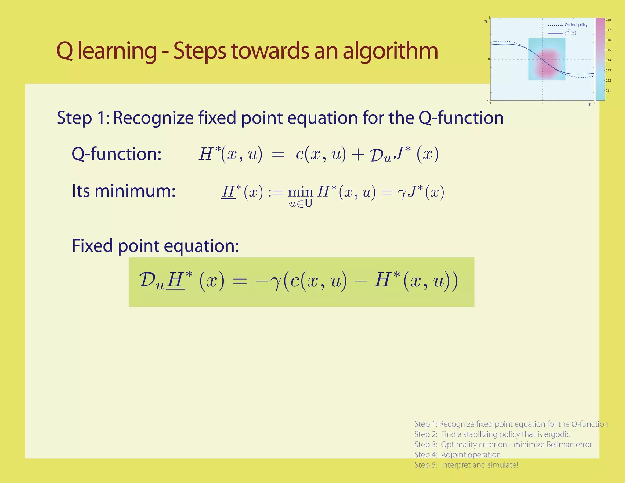 1
                                                                                                                  0.08
                                                                                             Optimal policy
                                                                                                                  0.07


                                                                                                                  0.06




Q learning - Steps towards an algorithm                                 0
                                                                                                                  0.05


                                                                                                                  0.04


                                                                                                                  0.03


                                                                                                                  0.02


                                                                                                                  0.01


                                                                       −1
                                                                        −1             0                      1




Step 1: Recognize fixed point equation for the Q-function
 Q-function:     H ∗(x, u) = c(x, u) + Du J ∗ (x)

 Its minimum:       H ∗ (x) := min H ∗ (x, u) = γJ ∗ (x)
                              u∈U



 Fixed point equation:
          Du H ∗ (x) = −γ(c(x, u) − H ∗ (x, u))




                                                   Step 1: Recognize xed point equation for the Q-function
                                                   Step 2: Find a stabilizing policy that is ergodic
                                                   Step 3: Optimality criterion - minimize Bellman error
                                                   Step 4: Adjoint operation
                                                   Step 5: Interpret and simulate!
 