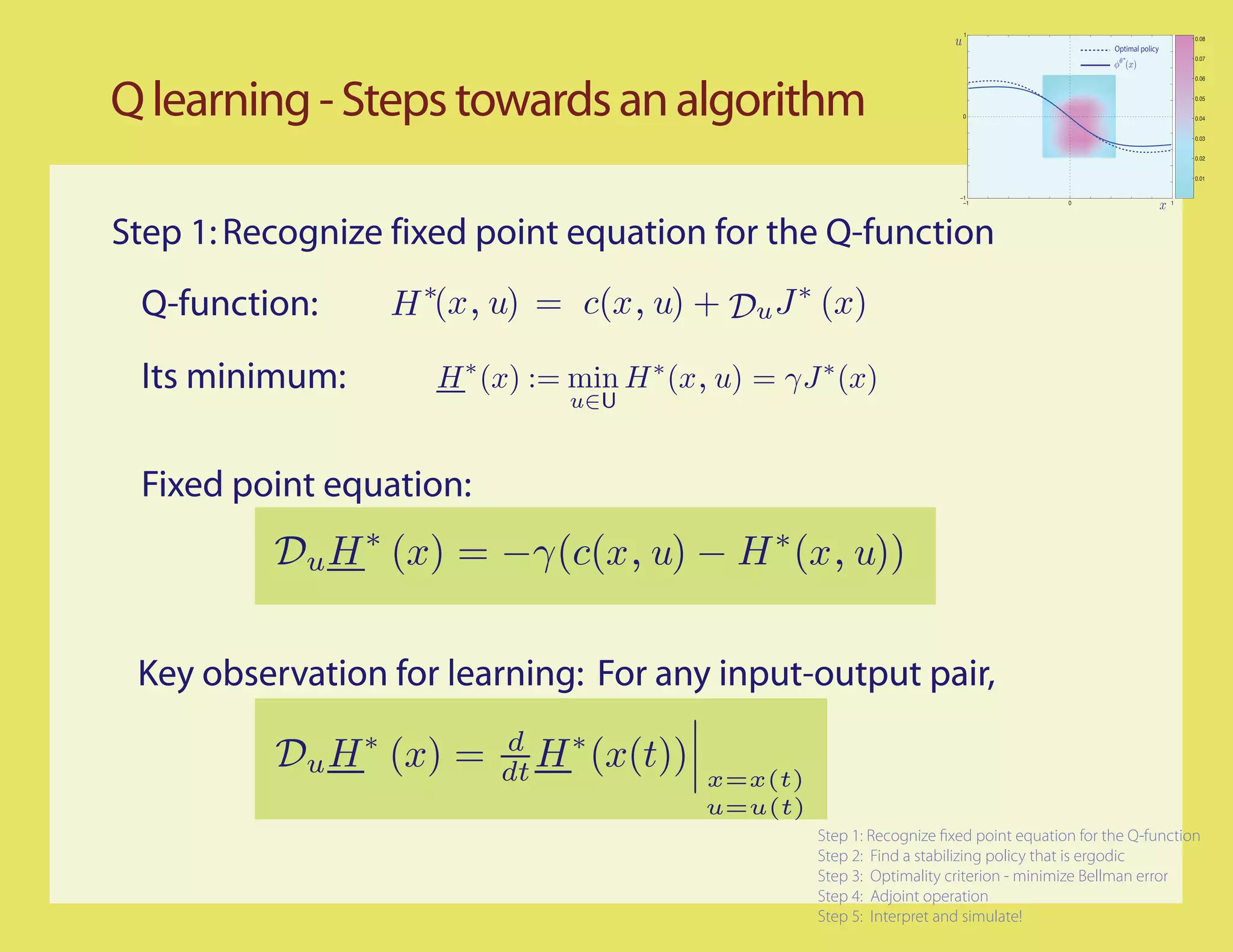 1
                                                                                                                  0.08
                                                                                             Optimal policy
                                                                                                                  0.07


                                                                                                                  0.06




Q learning - Steps towards an algorithm                                 0
                                                                                                                  0.05


                                                                                                                  0.04


                                                                                                                  0.03


                                                                                                                  0.02


                                                                                                                  0.01


                                                                       −1
                                                                        −1             0                      1




Step 1: Recognize fixed point equation for the Q-function
 Q-function:     H ∗(x, u) = c(x, u) + Du J ∗ (x)

 Its minimum:       H ∗ (x) := min H ∗ (x, u) = γJ ∗ (x)
                              u∈U



 Fixed point equation:
          Du H ∗ (x) = −γ(c(x, u) − H ∗ (x, u))

 Key observation for learning: For any input-output pair,

          Du H ∗ (x) =   d
                         dt H ∗ (x(t)) x=x(t)
                                         u=u(t)
                                                   Step 1: Recognize xed point equation for the Q-function
                                                   Step 2: Find a stabilizing policy that is ergodic
                                                   Step 3: Optimality criterion - minimize Bellman error
                                                   Step 4: Adjoint operation
                                                   Step 5: Interpret and simulate!
 