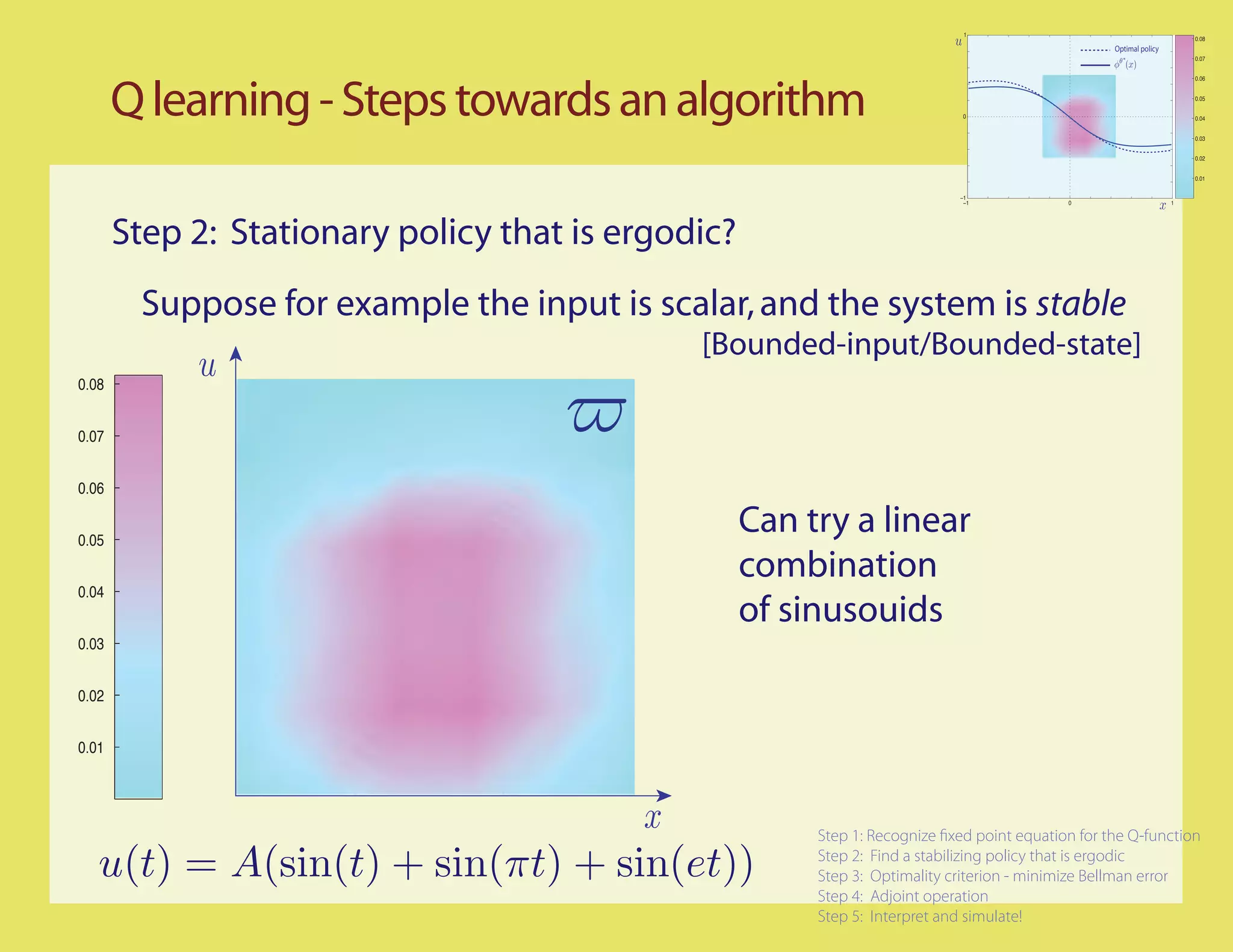 1
                                                                                                                        0.08
                                                                                                   Optimal policy
                                                                                                                        0.07


                                                                                                                        0.06




       Q learning - Steps towards an algorithm                                0
                                                                                                                        0.05


                                                                                                                        0.04


                                                                                                                        0.03


                                                                                                                        0.02


                                                                                                                        0.01


                                                                             −1
                                                                              −1             0                      1




       Step 2: Stationary policy that is ergodic?
        Suppose for example the input is scalar, and the system is stable
                                              [Bounded-input/Bounded-state]
0.08


0.07


0.06


0.05
                                                    Can try a linear
                                                    combination
0.04
                                                    of sinusouids
0.03


0.02


0.01




                                                         Step 1: Recognize xed point equation for the Q-function

   u(t) = A(sin(t) + sin(πt) + sin(et))                  Step 2: Find a stabilizing policy that is ergodic
                                                         Step 3: Optimality criterion - minimize Bellman error
                                                         Step 4: Adjoint operation
                                                         Step 5: Interpret and simulate!
 