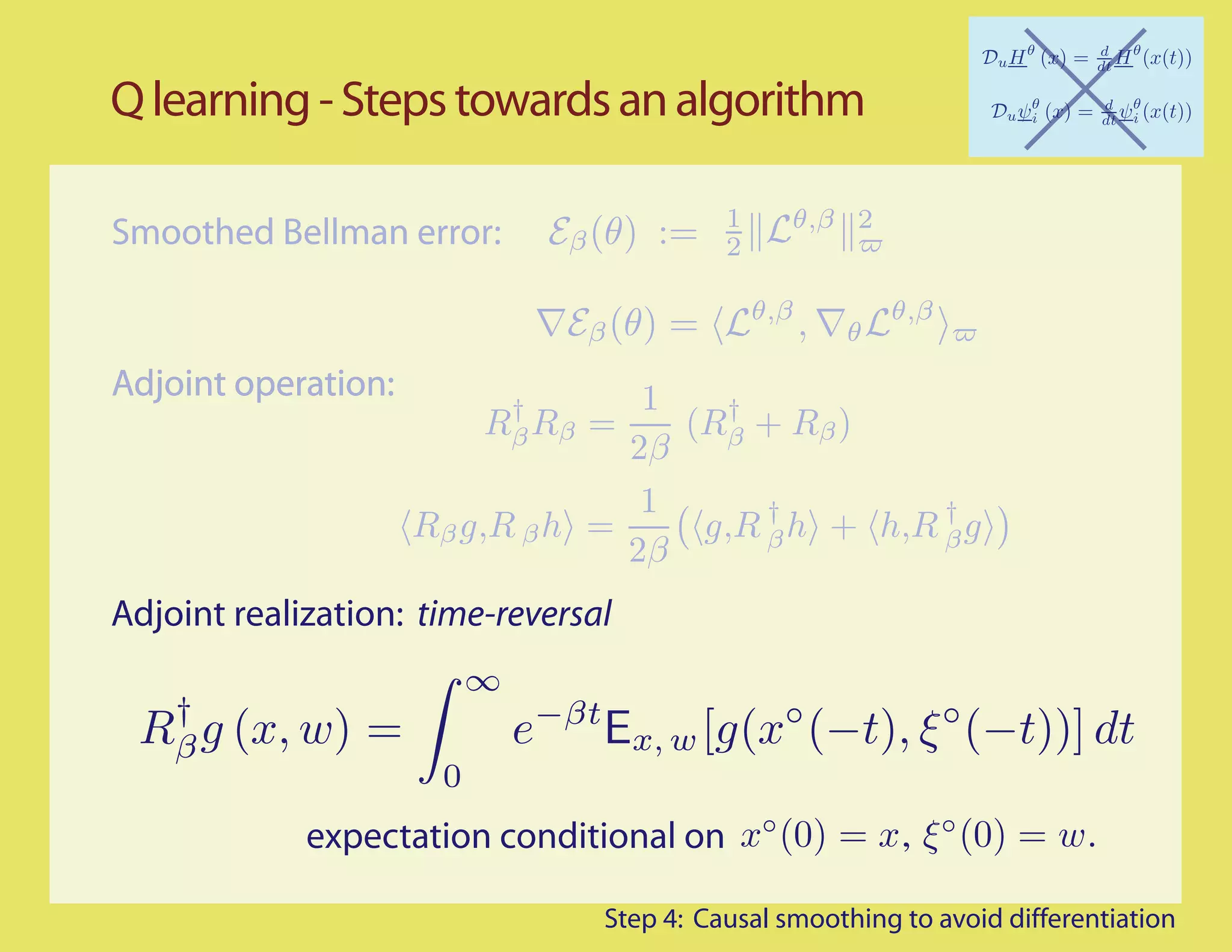 Q learning - Steps towards an algorithm

                                             1     θ,β 2
Smoothed Bellman error:         Eβ (θ) :=    2

                                                 θ,β         θ,β
                                 Eβ (θ) =              ,   θL

Adjoint operation:                 1
                           †           †
                          Rβ Rβ =    (Rβ + Rβ )
                                  2β
                                   1      †         †
                     Rβ g,R β h =     g,R β h + h,R β g
                                  2β
Adjoint realization: time-reversal
                          ∞
  †
 Rβ g (x, w)     =            e−βt Ex, w [g(x◦ (−t), ξ ◦ (−t))] dt
                      0
             expectation conditional on x◦ (0) = x, ξ ◦ (0) = w.

                                   Step 4: Causal smoothing to avoid differentiation
 