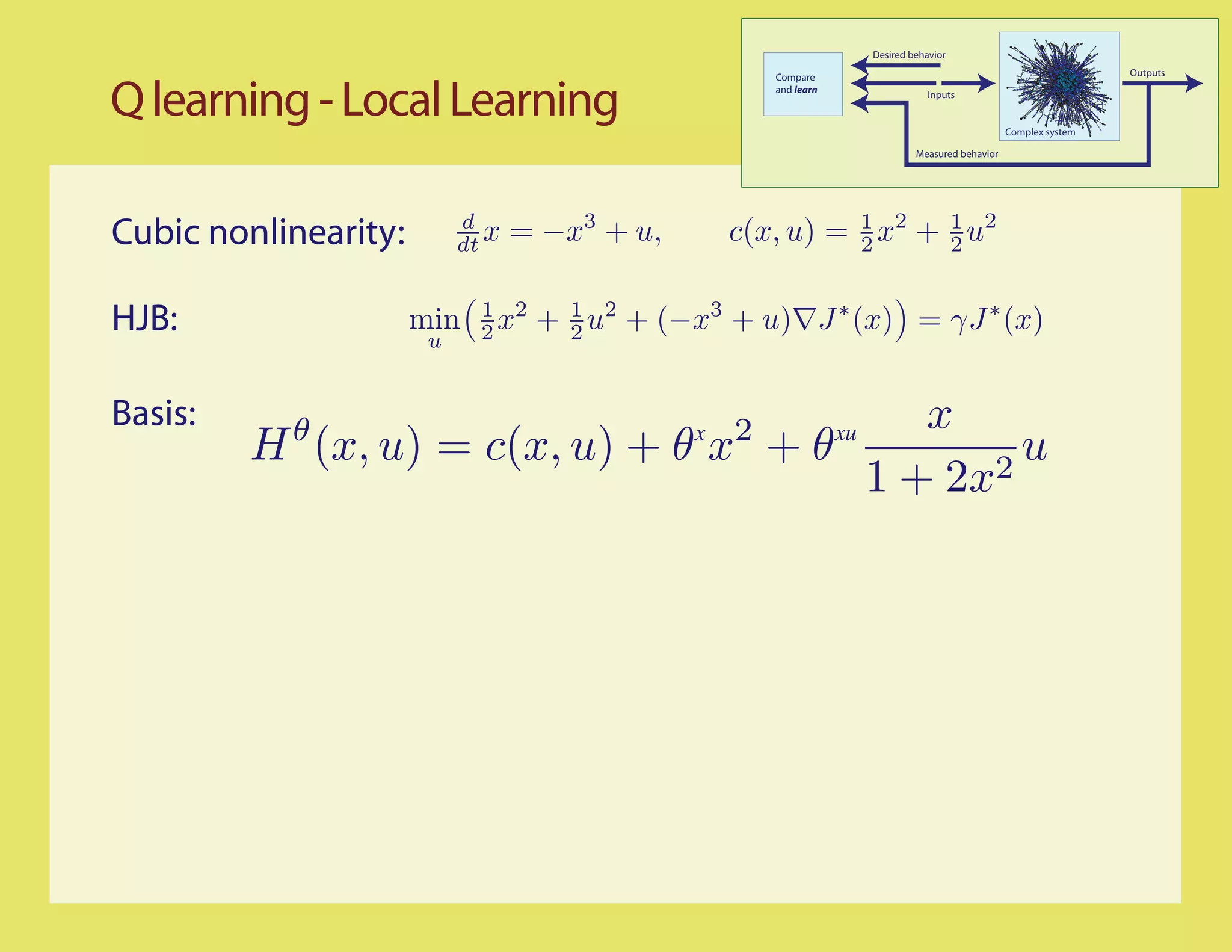 Desired behavior

                                                       Compare                                                        Outputs


Q learning - Local Learning                            and learn                    Inputs


                                                                                                     Complex system

                                                                                 Measured behavior




Cubic nonlinearity:        d
                           dt x   = −x3 + u,       c(x, u) = 1 x2 + 1 u2
                                                             2      2


HJB:                  min ( 2 x2 + 1 u2 + (−x3 + u) J ∗ (x)) = γJ ∗ (x)
                            1
                                   2
                       u


Basis:     θ                             x     x   2               xu
         H (x, u) = c(x, u) + θ x + θ       2
                                              u
                                      1 + 2x
 