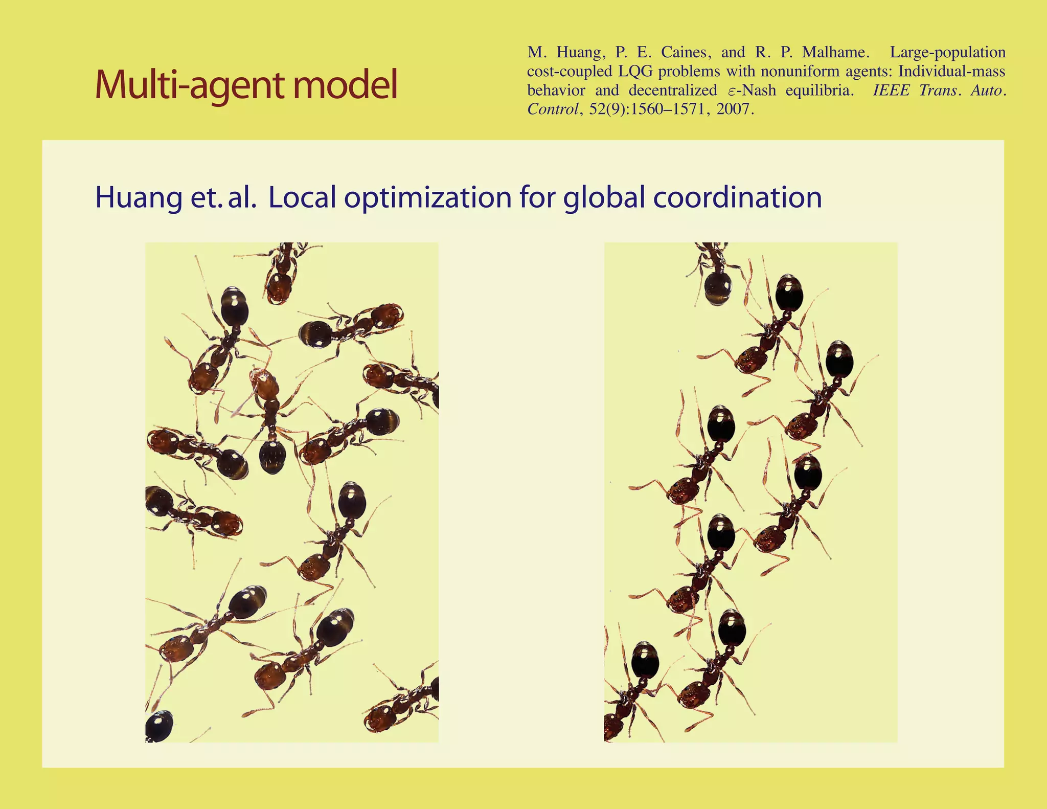M. Huang, P. E. Caines, and R. P. Malhame. Large-population
                                 cost-coupled LQG problems with nonuniform agents: Individual-mass
Multi-agent model                behavior and decentralized ε-Nash equilibria. IEEE Trans. Auto.
                                 Control, 52(9):1560–1571, 2007.




Huang et. al. Local optimization for global coordination
 