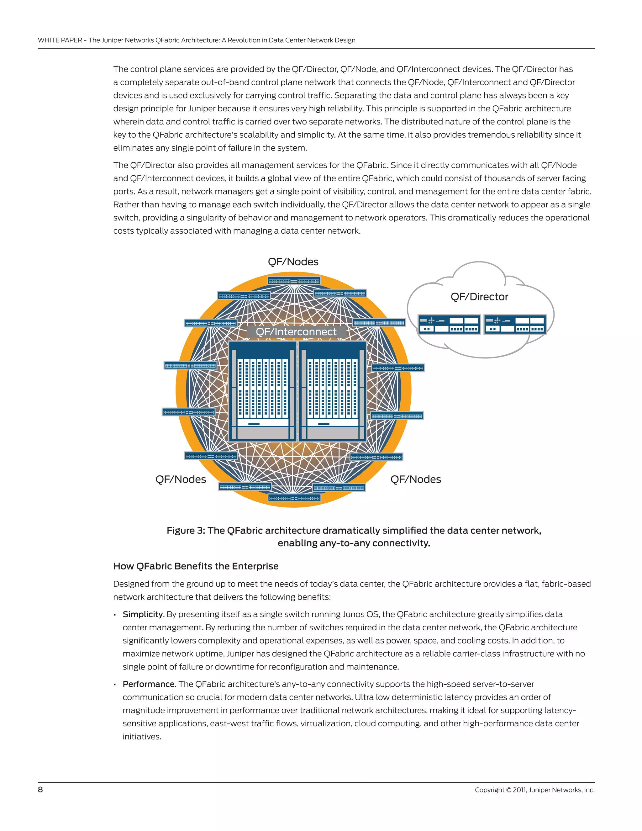 WHITE PAPER - The Juniper networks QFabric Architecture: A Revolution in Data center network Design



                       The control plane services are provided by the QF/Director, QF/node, and QF/Interconnect devices. The QF/Director has
                       a completely separate out-of-band control plane network that connects the QF/node, QF/Interconnect and QF/Director
                       devices and is used exclusively for carrying control traffic. separating the data and control plane has always been a key
                       design principle for Juniper because it ensures very high reliability. This principle is supported in the QFabric architecture
                       wherein data and control traffic is carried over two separate networks. The distributed nature of the control plane is the
                       key to the QFabric architecture’s scalability and simplicity. At the same time, it also provides tremendous reliability since it
                       eliminates any single point of failure in the system.

                       The QF/Director also provides all management services for the QFabric. since it directly communicates with all QF/node
                       and QF/Interconnect devices, it builds a global view of the entire QFabric, which could consist of thousands of server facing
                       ports. As a result, network managers get a single point of visibility, control, and management for the entire data center fabric.
                       Rather than having to manage each switch individually, the QF/Director allows the data center network to appear as a single
                       switch, providing a singularity of behavior and management to network operators. This dramatically reduces the operational
                       costs typically associated with managing a data center network.



                                                                       QF/Nodes


                                                                                                                   QF/Director


                                                                   QF/Interconnect




                                    QF/Nodes                                                          QF/Nodes




                                         Figure 3: The QFabric architecture dramatically simplified the data center network,
                                                                  enabling any-to-any connectivity.

                       How QFabric Benefits the Enterprise
                       Designed from the ground up to meet the needs of today’s data center, the QFabric architecture provides a flat, fabric-based
                       network architecture that delivers the following benefits:

                       • Simplicity. by presenting itself as a single switch running Junos os, the QFabric architecture greatly simplifies data
                          center management. by reducing the number of switches required in the data center network, the QFabric architecture
                          significantly lowers complexity and operational expenses, as well as power, space, and cooling costs. In addition, to
                          maximize network uptime, Juniper has designed the QFabric architecture as a reliable carrier-class infrastructure with no
                          single point of failure or downtime for reconfiguration and maintenance.

                       • Performance. The QFabric architecture’s any-to-any connectivity supports the high-speed server-to-server
                          communication so crucial for modern data center networks. ultra low deterministic latency provides an order of
                          magnitude improvement in performance over traditional network architectures, making it ideal for supporting latency-
                          sensitive applications, east-west traffic flows, virtualization, cloud computing, and other high-performance data center
                          initiatives.




8                                                                                                                         copyright © 2011, Juniper networks, Inc.
 