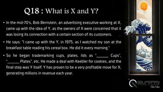 Q18 : What is X and Y?
• In the mid-70's, Bob Bernstein, an advertising executive working at X,
came up with the idea of Y, as the owners of X were concerned that it
was losing its connection with a certain section of its customers.
• He says: “I came up with the Y, in 1975, as I watched my son at the
breakfast table reading his cereal box. He did it every morning."
• So he began trademarking cups, plates, lids as “_____ Cups”,
“_____ Plates”, etc. He made a deal with Keebler for cookies, and the
final step was Y itself. Y has proven to be a very profitable move for X,
generating millions in revenue each year.
 