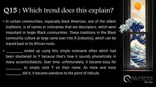 Q15 : Which trend does this explain?
• In certain communities, especially black American, one of the oldest
traditions, is of names or nicknames that are descriptors, which were
important in larger Black communities. These traditions in the Black
community culture at large came over into X (industry), which can be
traced back to its African roots.
• _______ ended up using this simple nickname often which had
been shortened to Y because that's how it sounds phonetically in
many accents/dialects. Over time, unfortunately, it became easy for
_______ to simply stick Y on their name. As more and more
_______ did it, it became overdone to the point of ridicule.
 