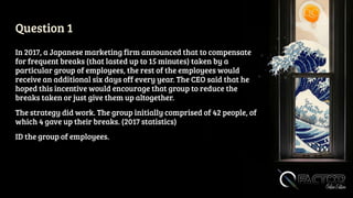 Question 1
In 2017, a Japanese marketing firm announced that to compensate
for frequent breaks (that lasted up to 15 minutes) taken by a
particular group of employees, the rest of the employees would
receive an additional six days off every year. The CEO said that he
hoped this incentive would encourage that group to reduce the
breaks taken or just give them up altogether.
The strategy did work. The group initially comprised of 42 people, of
which 4 gave up their breaks. (2017 statistics)
ID the group of employees.
 