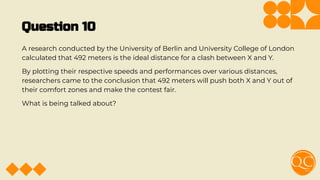 Question 10
A research conducted by the University of Berlin and University College of London
calculated that 492 meters is the ideal distance for a clash between X and Y.
By plotting their respective speeds and performances over various distances,
researchers came to the conclusion that 492 meters will push both X and Y out of
their comfort zones and make the contest fair.
What is being talked about?
 