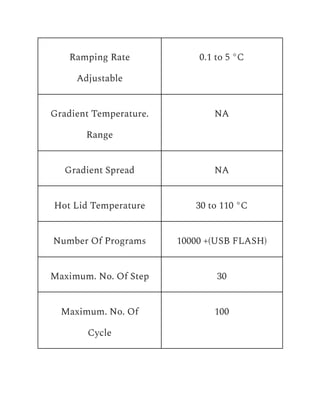 Ramping Rate
Adjustable
0.1 to 5 °C
Gradient Temperature.
Range
NA
Gradient Spread NA
Hot Lid Temperature 30 to 110 °C
Number Of Programs 10000 +(USB FLASH)
Maximum. No. Of Step 30
Maximum. No. Of
Cycle
100
 