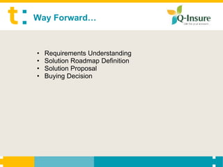 Way Forward…



•   Requirements Understanding
•   Solution Roadmap Definition
•   Solution Proposal
•   Buying Decision
 