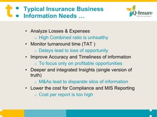 Typical Insurance Business
Information Needs …

• Analyze Losses & Expenses
    o High Combined ratio is unhealthy
• Monitor turnaround time (TAT )
    o Delays lead to loss of opportunity
• Improve Accuracy and Timeliness of information
    o To focus only on profitable opportunities
• Deeper and integrated Insights (single version of
  truth)
    o M&As lead to disparate silos of information
• Lower the cost for Compliance and MIS Reporting
    o Cost per report is too high
 