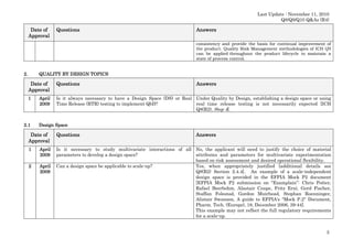 Last Update : November 11, 2010
Q8/Q9/Q10 Q&As (R4)

Date of
Approval

Questions

Answers
consistency and provide the basis for continual improvement of
the product. Quality Risk Management methodologies of ICH Q9
can be applied throughout the product lifecycle to maintain a
state of process control.

2.

QUALITY BY DESIGN TOPICS

Date of
Approval

Questions

1

Is it always necessary to have a Design Space (DS) or Real Under Quality by Design, establishing a design space or using
Time Release (RTR) testing to implement QbD?
real time release testing is not necessarily expected [ICH
Q8(R2), Step 4].

2.1

April
2009

Answers

Design Space

Date of
Approval

Questions

Answers

1

April
2009

2

April
2009

Is it necessary to study multivariate interactions of all No, the applicant will need to justify the choice of material
parameters to develop a design space?
attributes and parameters for multivariate experimentation
based on risk assessment and desired operational flexibility.
Can a design space be applicable to scale-up?
Yes, when appropriately justified [additional details see
Q8(R2) Section 2.4.4]. An example of a scale-independent
design space is provided in the EFPIA Mock P2 document
[EFPIA Mock P2 submission on “Examplain”: Chris Potter,
Rafael Beerbohm, Alastair Coupe, Fritz Erni, Gerd Fischer,
Staffan Folestad, Gordon Muirhead, Stephan Roenninger,
Alistair Swanson, A guide to EFPIA's "Mock P.2" Document,
Pharm. Tech. (Europe), 18, December 2006, 39-44].
This example may not reflect the full regulatory requirements
for a scale-up.

3

 