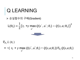 Q LEARNING
 손실함수의 구배(Gradient)
𝛻𝜃 𝑖 𝐿 𝜃𝑖
= −( 𝑟𝑡 + 𝛾 max 𝑄(𝑠', 𝑎' ;𝜃𝑖) − 𝑄(𝑠,𝑎;𝜃𝑖 )) 𝛻𝜃 𝑖 𝑄(𝑠,𝑎;𝜃𝑖 )
L(ϴ𝑖) =
1
2
𝑟𝑡 +𝛾 max 𝑄(𝑠′ , 𝑎′ ; 𝜃𝑖 ) − 𝑄 𝑠, 𝑎; ϴ𝑖
2
𝑎′
𝑎′
15
 