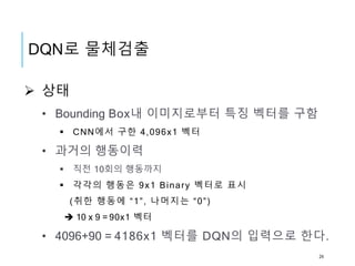  상태
• Bounding Box내 이미지로부터 특징 벡터를 구함
 CNN에서 구한 4,096x1 벡터
• 과거의 행동이력
 직전 10회의 행동까지
 각각의 행동은 9x1 Binary 벡터로 표시
(취한 행동에 “1”, 나머지는 “0”)
 10 x 9 = 90x1 벡터
• 4096+90 = 4186x1 벡터를 DQN의 입력으로 한다.
DQN로 물체검출
24
 