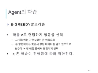 Agent의 학습
 Ε-GREEDY알고리즘
 확률 ε로 랜덤하게 행동을 선택
• 그 이외에는 가장 Q값이 큰 행동으로
• 본 방법에서는 학습시 정답 데이터를 알고 있으므로
보수가 “+”인 행동 중에서 랜덤하게 선택
 ε 은 학습이 진행됨에 따라 작아진다.
28
 
