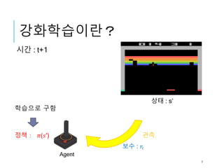 시간 : t+1
관측
보수 : 𝑟𝑡
학습으로 구함
강화학습이란？
정책： 𝜋(𝑠')
상태 : s’
Agent
7
 