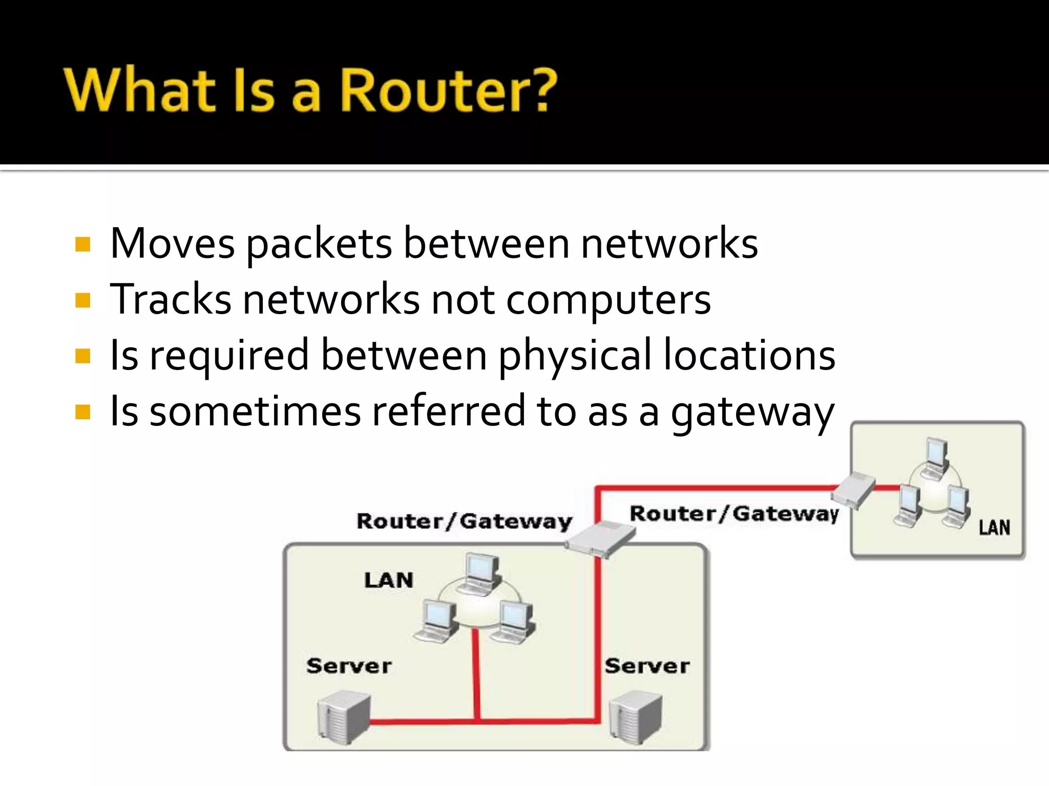    Moves packets between networks
   Tracks networks not computers
   Is required between physical locations
   Is sometimes referred to as a gateway
 