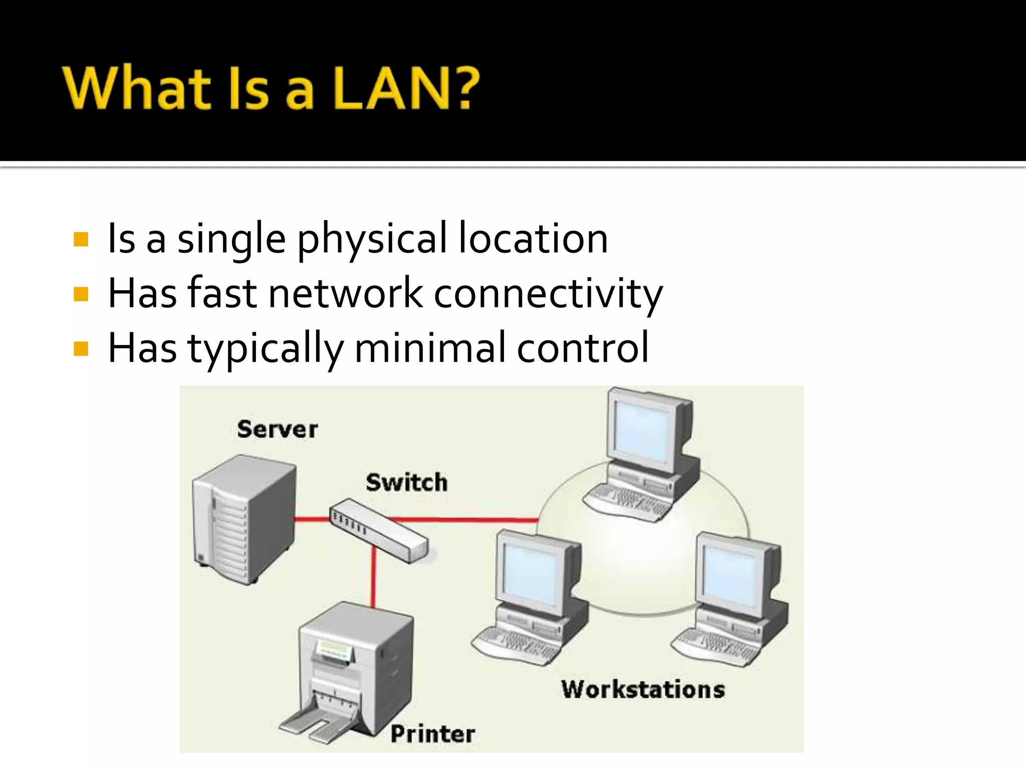    Is a single physical location
   Has fast network connectivity
   Has typically minimal control
 