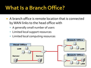   A branch office is remote location that is connected
    by WAN links to the head office with
     A generally small number of users
     Limited local support resources
     Limited local computing resources
 