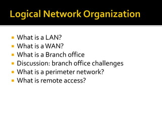    What is a LAN?
   What is a WAN?
   What is a Branch office
   Discussion: branch office challenges
   What is a perimeter network?
   What is remote access?
 