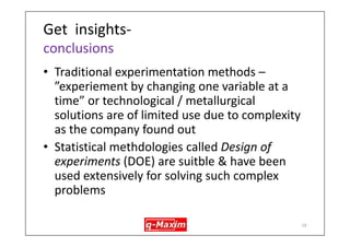 Gating design- e.g. metal velocity 
Ladle temperature 
Sand production parameters 
Ambient humidity, temperature 
Pour height 
Mould fill time 
Wait time after mould preparation 
…………….. 
…………….. 
Sand mark defect 
Slag inclusion defect 
Cold metal defect 
Factors 
Effects 
Responses 
++ ? 
--? 
No effect? 
Strong / weak? 
interactions? 
responses interrelated? 
Range dependant? 
By brainstorming it is concluded that > 50 variables & their interactions could have influence on defects generation. 
Casting temperature  