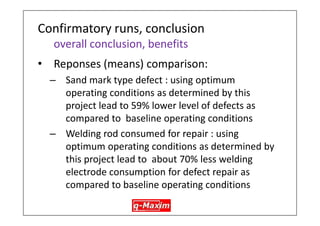 Analyze results – data analysis 
•Response data for each run fed into specilaised Statistical program- Minitab 
•Program output in the form of response table and charts (Response of means and S/N ratio) 
45  