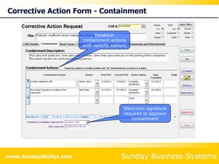 Sunday Business Systems
www.SundayBizSys.com
Corrective Action Form - Containment
Establish
containment actions
with specific owners
Electronic signature
required to approve
containment
 