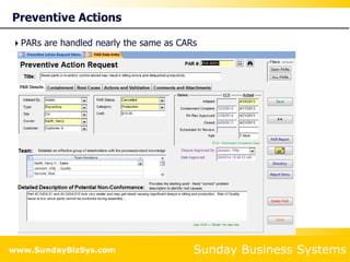 Sunday Business Systems
www.SundayBizSys.com
PARs are handled nearly the same as CARs
Preventive Actions
 