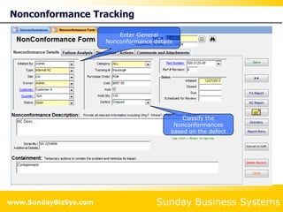 Sunday Business Systems
www.SundayBizSys.com
Nonconformance Tracking
Enter General
Nonconformance details
Classify the
Nonconformances
based on the defect
 