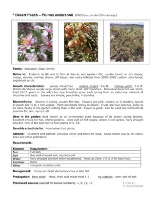 * Desert Peach – Prunus andersonii (PROO-nus an-der-SOH-nee-eye )
Family: Rosaceae (Rose Family)
Native to: Endemic to NE and N Central Sierras and western NV; usually found on dry slopes,
mesas, washes, ravines, draws, cliff bases, and rocky hillsides from 3500'-6500', yellow pine forest,
sagebrush scrub.
Growth characteristics: woody shrub/tree mature height: 3-6 ft. mature width: 3-6 ft.
Winter-deciduous woody large shrub with many short-stiff branches. Individual branches are short-
lived (5-10 years in the wild) but new branches grow each spring from an extensive network of
rhizomes and roots. Leaves are simple, peach-like, in bundles.
Blooms/fruits: Blooms in spring, usually Mar-Apr. Flowers are pink, solitary or in clusters, typical
of peach and ½ to 1 inch across. Plant extremely showy in bloom. Fruits are true peaches, likely to
be more fleshy in the garden setting than in the wild. Flavor is good. Can be used like horticultural
peaches for jam, syrups, etc.
Uses in the garden: Best known as an ornamental plant because of its showy spring blooms.
Excellent choice for hot, inland gardens. Does well on hot slopes, where it will spread. Very drought
tolerant. One of the best native fruit plants of S. CA.
Sensible substitute for: Non-native fruit plants.
Attracts: Excellent bird habitat: provides cover and fruits for food. Good nectar source for native
bees and other pollinators.
Requirements:
Element Requirement
Sun Full sun.
Soil Any well-drained soil; any local pH.
Water Very drought tolerant when established. Treat as Zone 1-2 to 2 for best fruit.
Fertilizer None
Other Inorganic mulches only.
Management: Prune out dead stems/branches in late fall.
Propagation: from seed: Moist, then cold moist treat 1-3 by cuttings: semi-soft of soft
Plant/seed sources (see list for source numbers): 1, 8, 11, 13 11/30/11
© Project SOUND
 