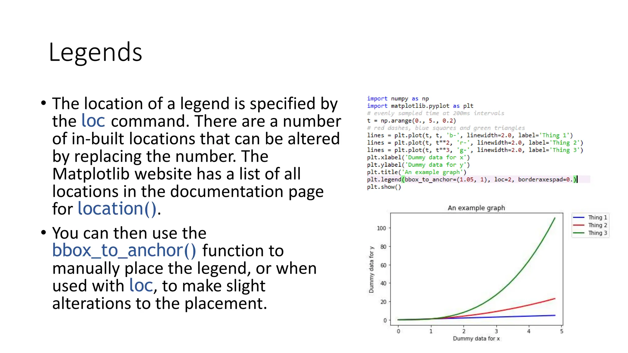 Legends
• The location of a legend is specified by
the loc command. There are a number
of in-built locations that can be altered
by replacing the number. The
Matplotlib website has a list of all
locations in the documentation page
for location().
• You can then use the
bbox_to_anchor() function to
manually place the legend, or when
used with loc, to make slight
alterations to the placement.
 