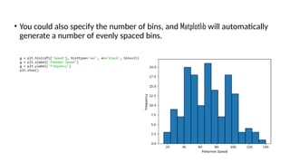 • You could also specify the number of bins, and Matplotlib will automatically
generate a number of evenly spaced bins.
 