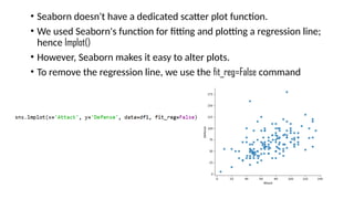 • Seaborn doesn't have a dedicated scatter plot function.
• We used Seaborn's function for fitting and plotting a regression line;
hence lmplot()
• However, Seaborn makes it easy to alter plots.
• To remove the regression line, we use the fit_reg=False command
 