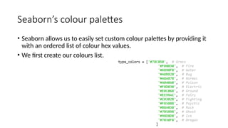 Seaborn’s colour palettes
• Seaborn allows us to easily set custom colour palettes by providing it
with an ordered list of colour hex values.
• We first create our colours list.
 
