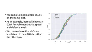 • You can also plot multiple ECDFs
on the same plot.
• As an example, here with have an
ECDF for Pokemon attack, speed,
and defence levels.
• We can see here that defence
levels tend to be a little less than
the other two.
 