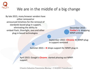 |Creative Industries Concertation Meeting | 17.02.2016 | Luxembourg |
We are in the middle of a big change
April 2015: Google's Chrome started phasing out NPAPI
support
Summer 2015 – IE drops support for NPAPI plug-in
September 2015 –Chrome 45 NPAPI plug-
in support removed
December 2016 -
Firefox's is dropping
NPAPI entirely
By late 2015, many browser vendors have
either removed or
announced timelines for the removal of
standards based plug-in support,
eliminating the ability to
embed Flash, Silverlight, Java and other
plug-in based technologies
 