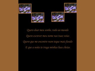 Quero doar meu sonho, todo ao mundo Quero escrever meu nome nas tuas veias Quero que me encontre num toque mais fundo E que a noite te traga minhas luas cheias 