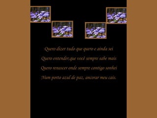 Quero dizer tudo que quero e ainda sei Quero entender,que você sempre sabe mais Quero renascer onde sempre contigo sonhei Num porto azul de paz, ancorar meu cais. 