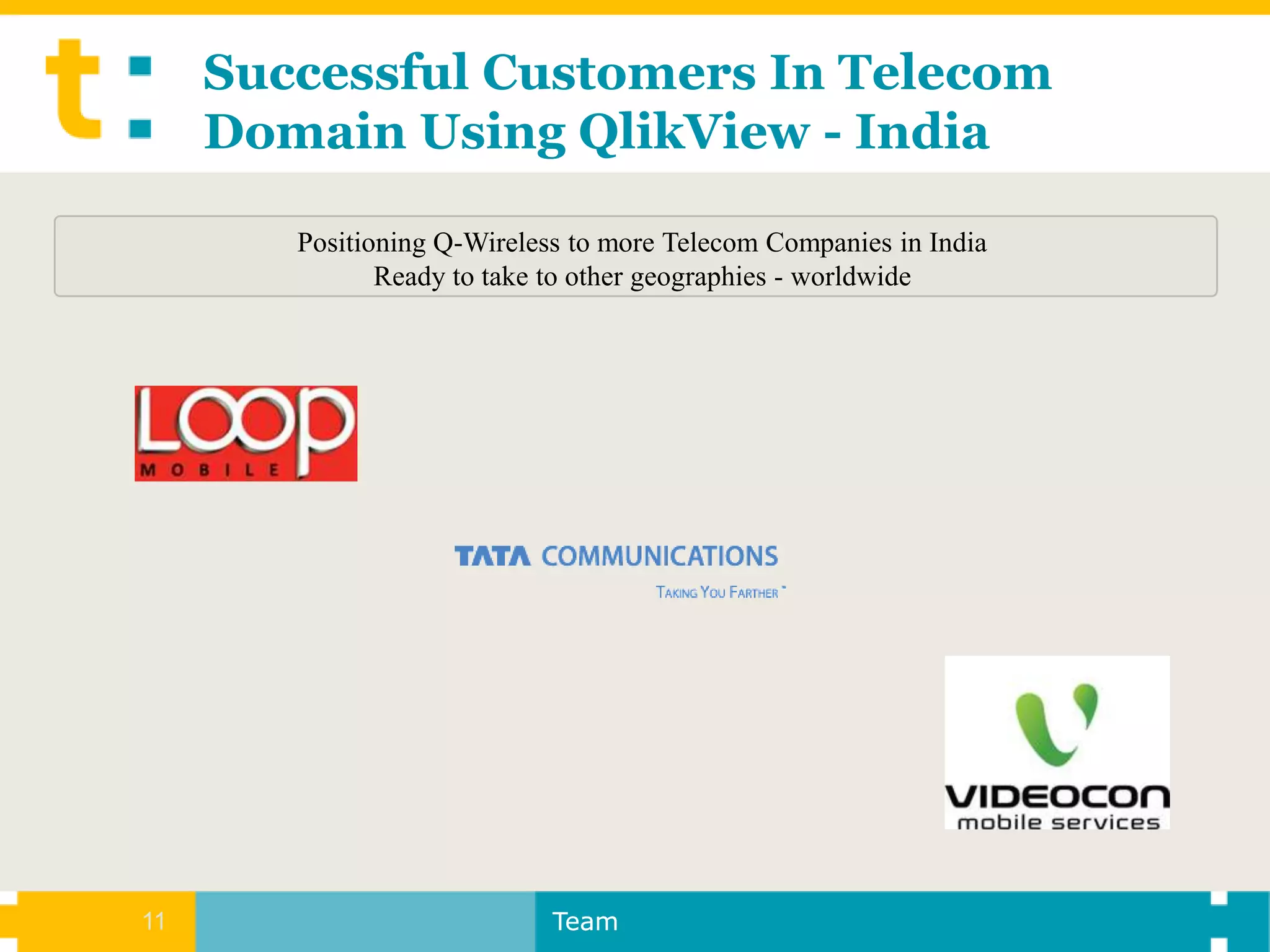 Successful Customers In Telecom
     Domain Using QlikView - India

        Positioning Q-Wireless to more Telecom Companies in India
               Ready to take to other geographies - worldwide




11                           Team
 