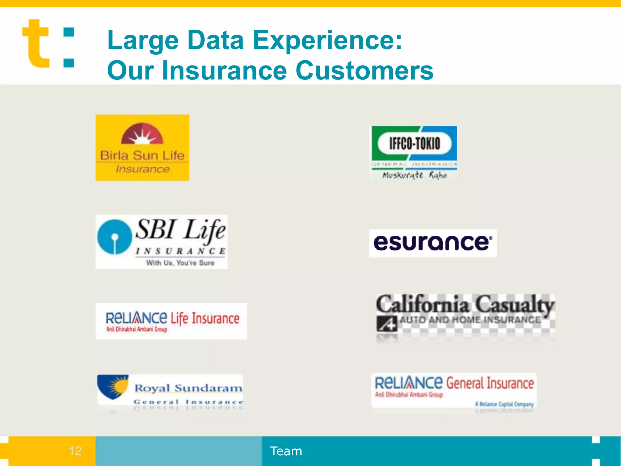 Large Data Experience:
     Our Insurance Customers




12              Team
 