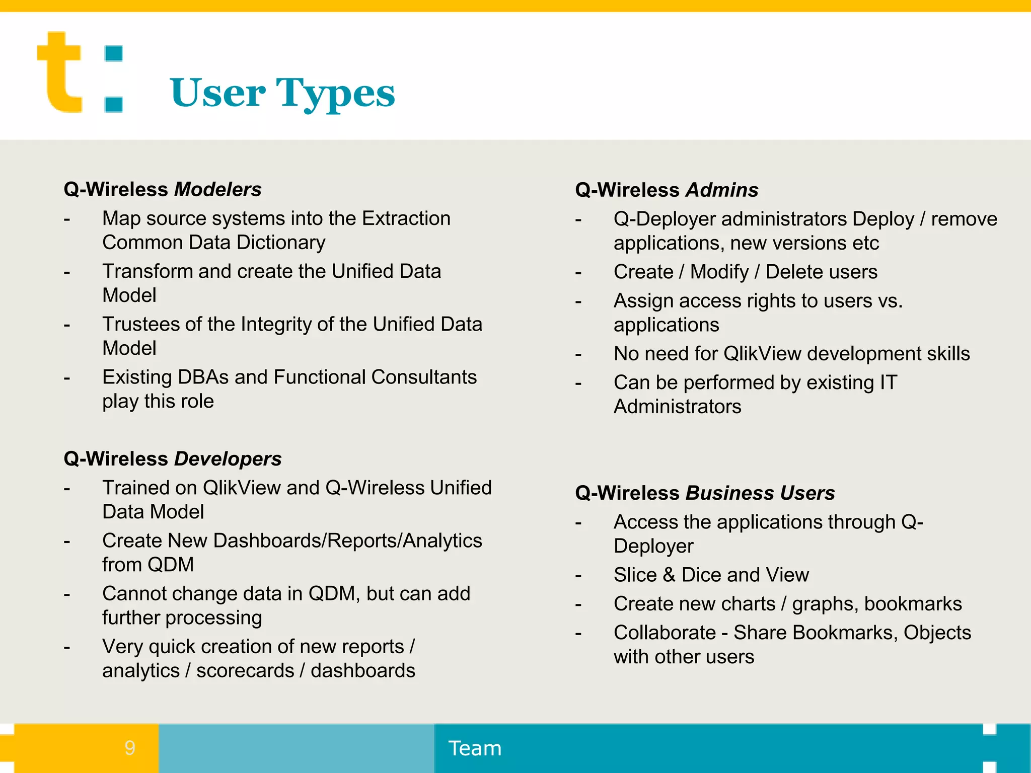 User Types

Q-Wireless Modelers                                Q-Wireless Admins
-  Map source systems into the Extraction          -  Q-Deployer administrators Deploy / remove
   Common Data Dictionary                             applications, new versions etc
-  Transform and create the Unified Data           -  Create / Modify / Delete users
   Model                                           -  Assign access rights to users vs.
-  Trustees of the Integrity of the Unified Data      applications
   Model                                           -  No need for QlikView development skills
-  Existing DBAs and Functional Consultants        -  Can be performed by existing IT
   play this role                                     Administrators

Q-Wireless Developers
-  Trained on QlikView and Q-Wireless Unified      Q-Wireless Business Users
   Data Model
                                                   -  Access the applications through Q-
-  Create New Dashboards/Reports/Analytics            Deployer
   from QDM
                                                   -  Slice & Dice and View
-  Cannot change data in QDM, but can add
                                                   -  Create new charts / graphs, bookmarks
   further processing
                                                   -  Collaborate - Share Bookmarks, Objects
-  Very quick creation of new reports /
                                                      with other users
   analytics / scorecards / dashboards


      9                                     Team
 