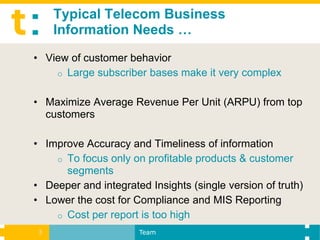 Typical Telecom Business
     Information Needs …
• View of customer behavior
    o Large subscriber bases make it very complex


• Maximize Average Revenue Per Unit (ARPU) from top
  customers

• Improve Accuracy and Timeliness of information
    o To focus only on profitable products & customer
      segments
• Deeper and integrated Insights (single version of truth)
• Lower the cost for Compliance and MIS Reporting
    o Cost per report is too high
 3                    Team
 