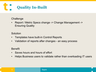 Quality In-Built

Challenge
• Report / Metric Specs change -> Change Management ->
  Ensuring Quality

Solution
• Templates have built-in Control Reports
• Validation of reports after changes - an easy process

Benefit
• Saves hours and hours of effort
• Helps Business users to validate rather than overloading IT users



8                        Team
 