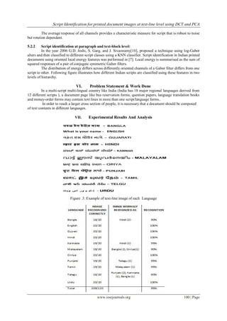 Script Identification for printed document images at text-line level using DCT and PCA
www.iosrjournals.org 100 | Page
The average response of all channels provides a characteristic measure for script that is robust to noise
but rotation dependent.
5.2.2 Script identification at paragraph and text-block level:
In the year 2006 G.D. Joshi, S. Garg, and J. Sivaswamy[10], proposed a technique using log-Gabor
alters and then classified to different script classes using a KNN classifier. Script identification in Indian printed
documents using oriented local energy features was performed in [7]. Local energy is summarised as the sum of
squared responses of a pair of conjugate symmetric Gabor filters.
The distribution of energy differs across differently oriented channels of a Gabor filter differs from one
script to other. Following figure illustrates how different Indian scripts are classified using these features in two
levels of hierarchy.
VI. Problem Statement & Work Done
In a multi-script multi-lingual country like India (India has 18 major regional languages derived from
12 different scripts ), a document page like bus reservation forms, question papers, language translation books
and money-order forms may contain text lines in more than one script/language forms..
In order to reach a larger cross section of people, it is necessary that a document should be composed
of text contents in different languages.
VII. Experimental Results And Analysis
Figure .3: Example of text-line image of each Language
 